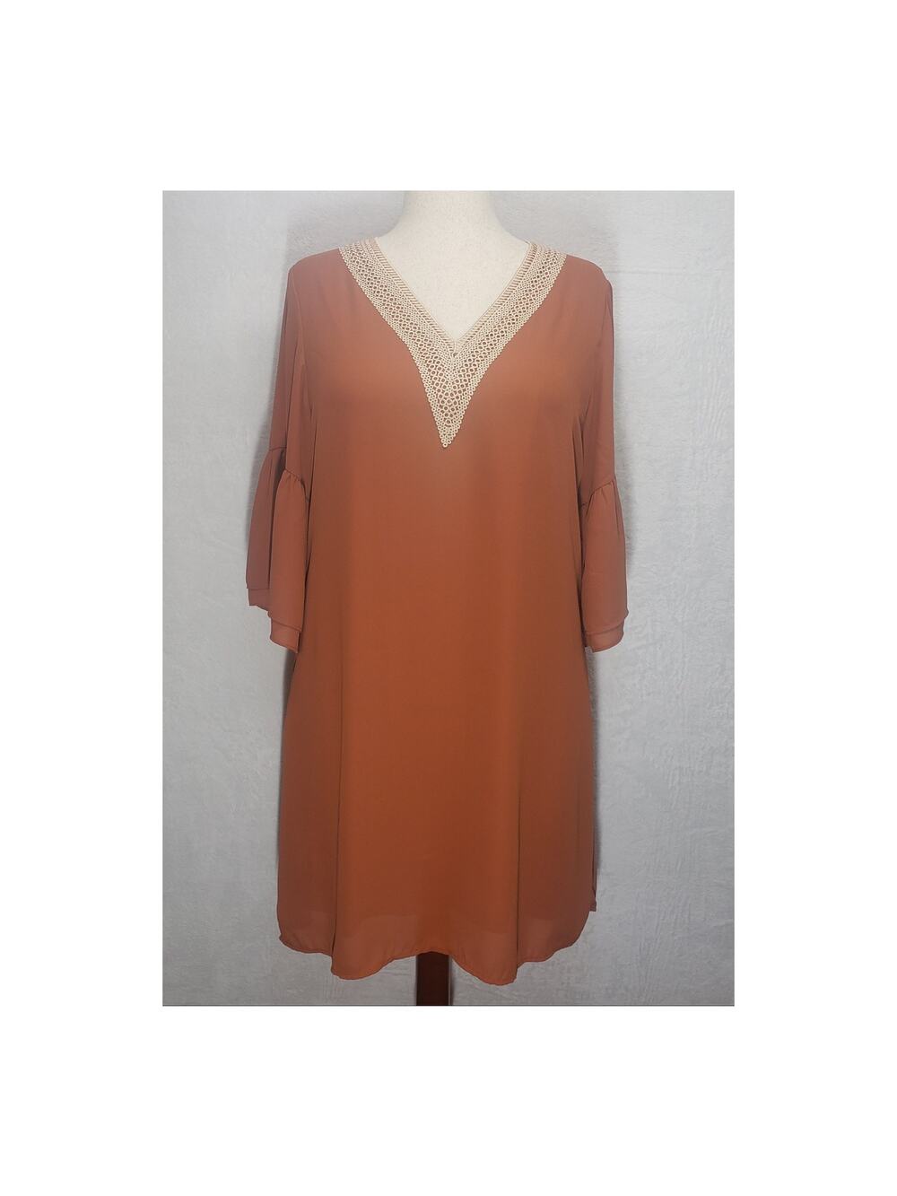 Hotouch Rust Boho Swing Dress L Crochet V-Neck Ruffle Sleeve